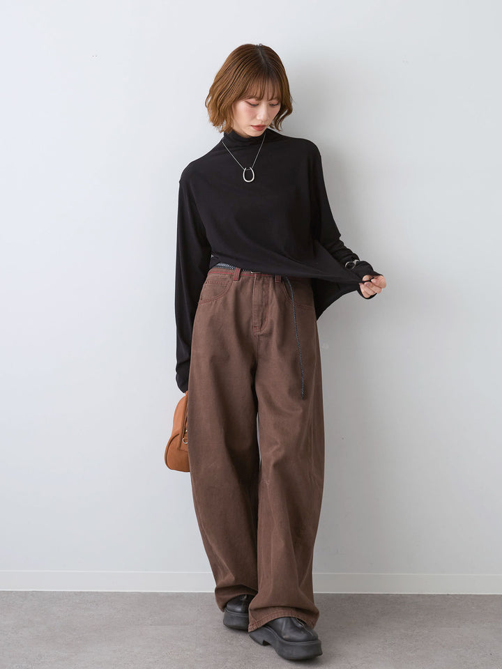 [SET]モックネックアシメヘムトップス+カラーステッチワイドパンツ(2set)