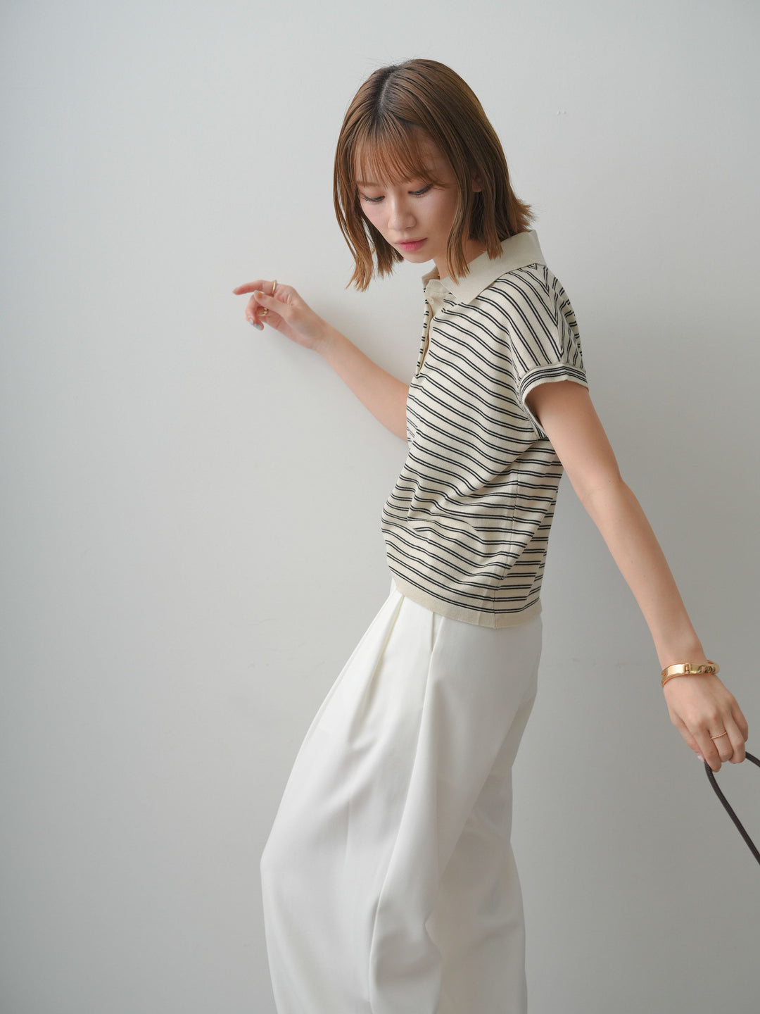[SET]ポロニットボーダートップス+アシンメトリーベルトタックワイドパンツ(2set)