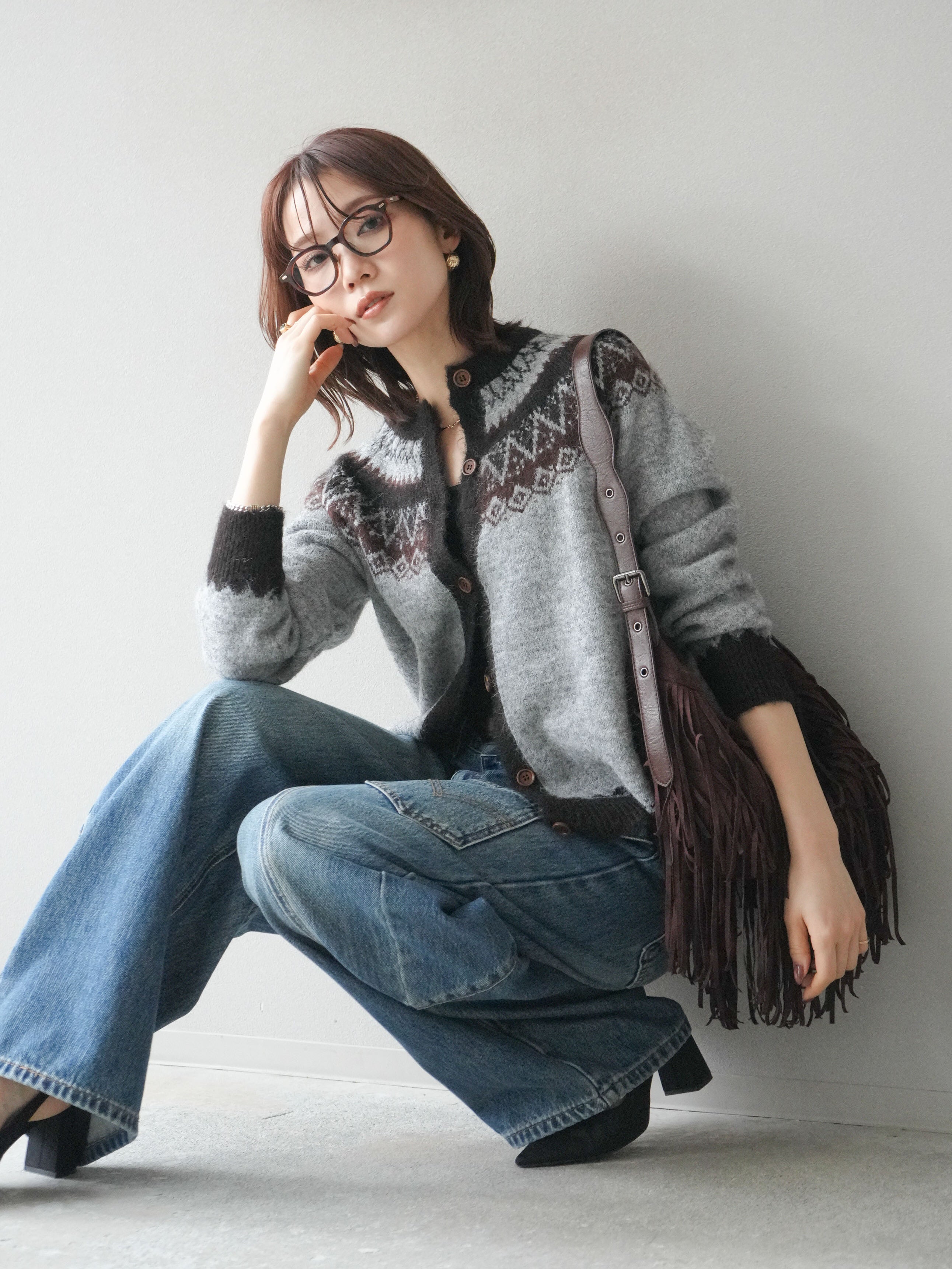 SET]ノルディック柄ニットカーディガン+ペインターカーブデニムパンツ