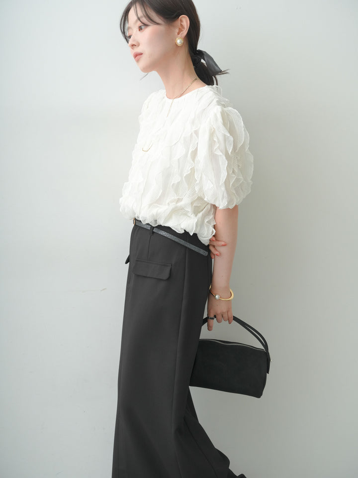 【套裝】波浪荷葉邊針織上衣+縐紗直筒翻領半身裙（兩件組）