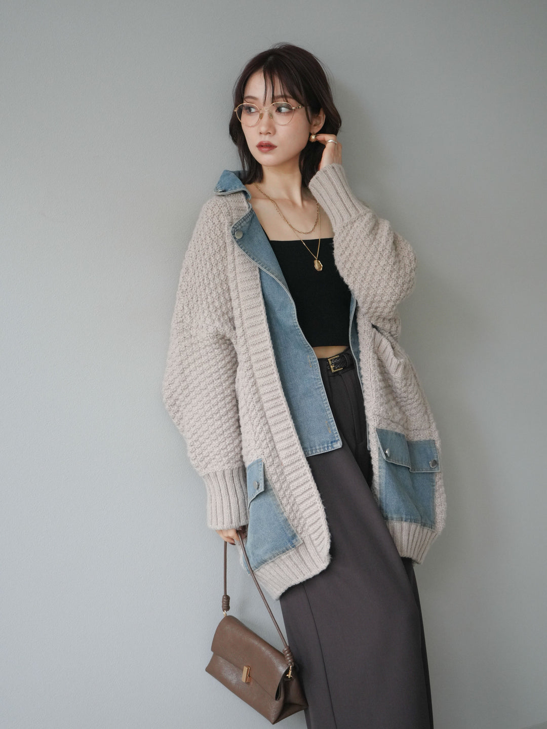 [SET]デニム襟レイヤードニットジャケット+デニム襟レイヤードニットジャケット(2set)