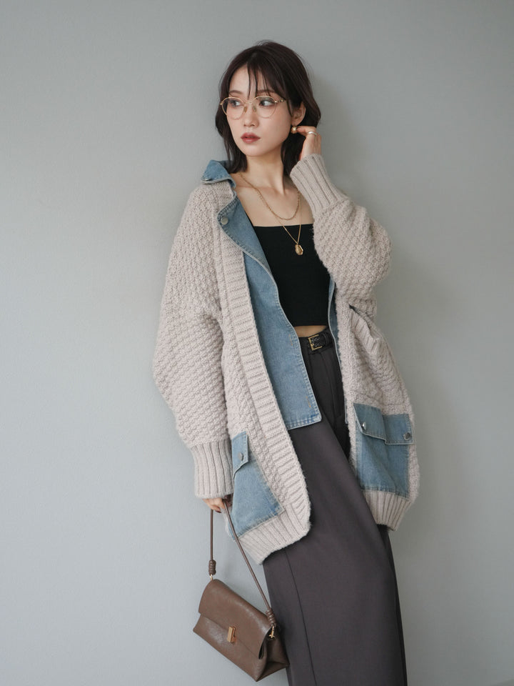 [SET]デニム襟レイヤードニットジャケット+デニム襟レイヤードニットジャケット(2set)