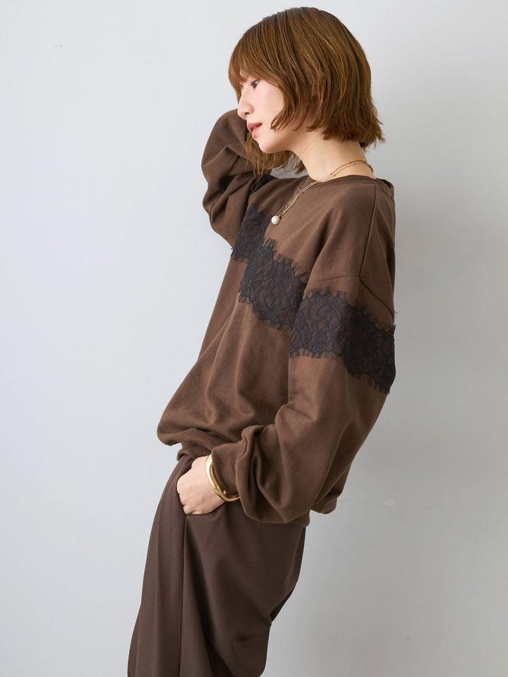 [予約]裏毛レースドッキングプルオーバー/brown