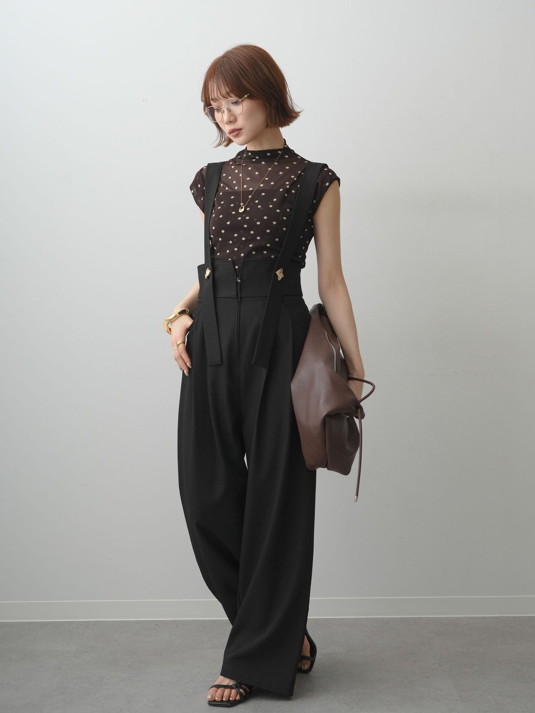 [SET]プチネックドットシアートップス+ゴールドボタンサスペンダーワイドパンツ(2set)