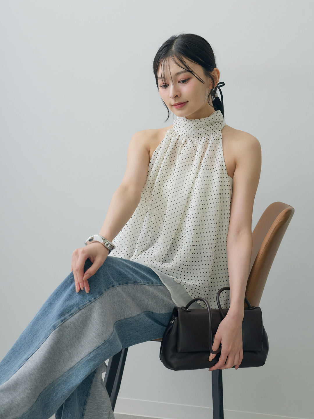 [SET]ドットレイヤードホルターブラウス+デニム切替スウェットパンツ(2set)