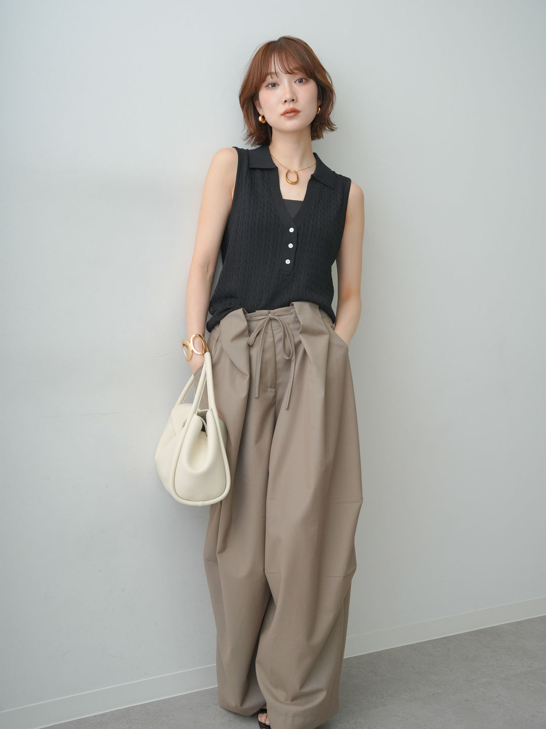 [予約]スキッパーケーブルポロニットトップス/black