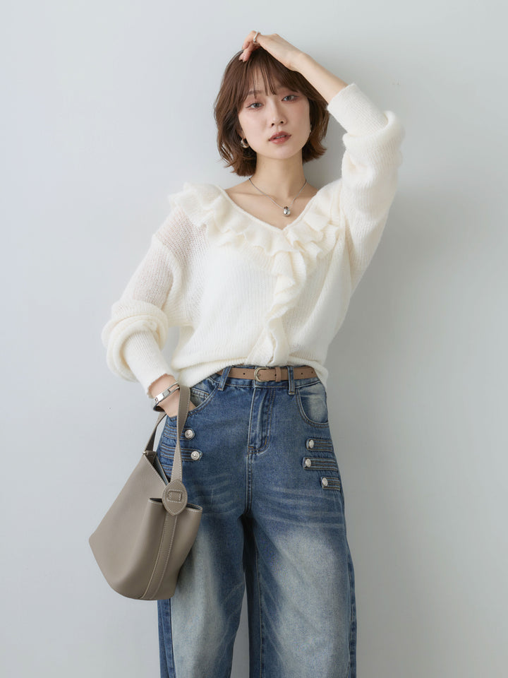 [予約]フリルネックモヘアニットトップス/white