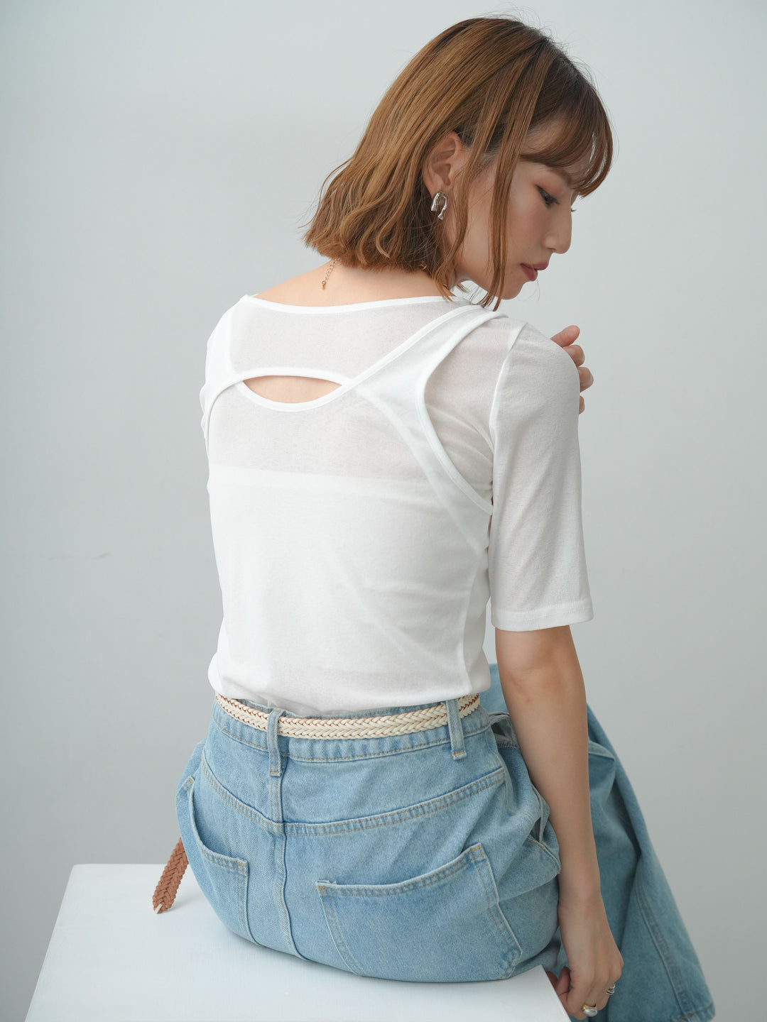 [SET]前後2wayシアーアシメレイヤード風TEE+フリルラインワイドデニム(2set)