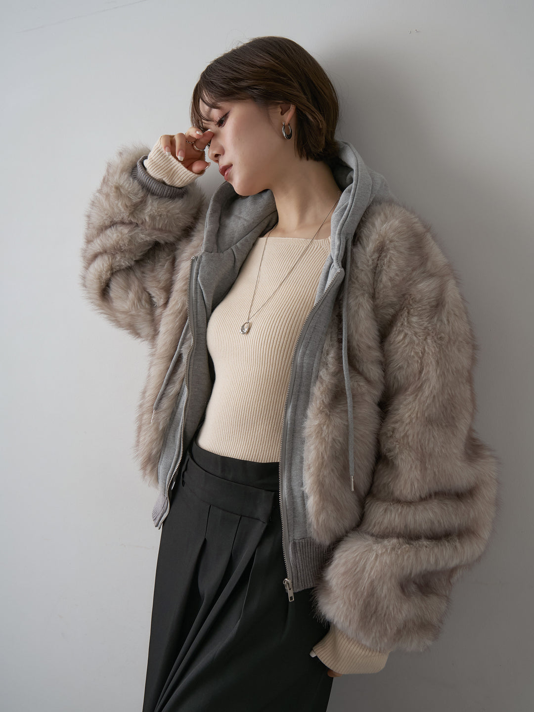 [予約]スウェットファードッキングフードブルゾン/beige