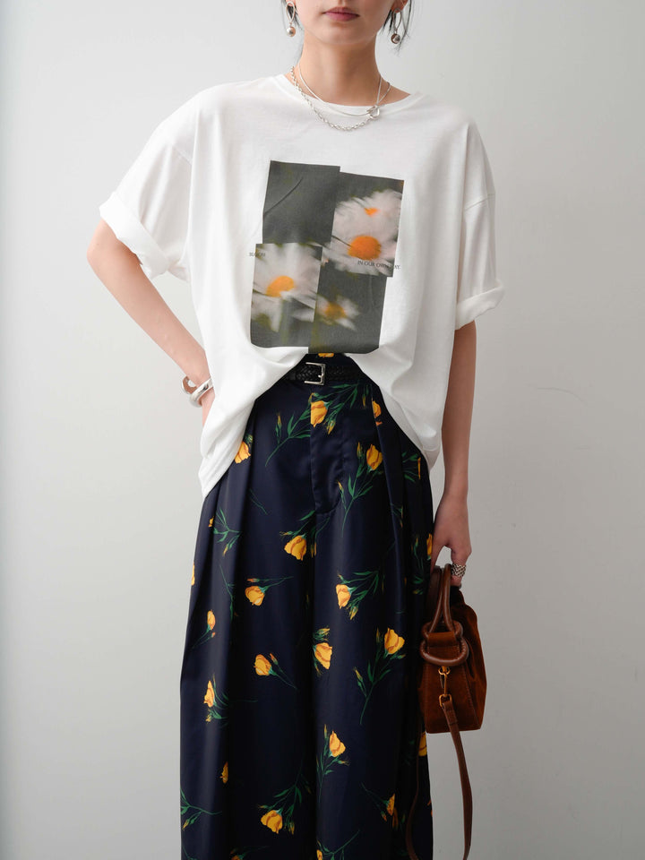 【着回しセット】フラワーフォトTEE+フラワープリントドレープタックパンツ+フラワープリントIラインギャザースカート(3set)