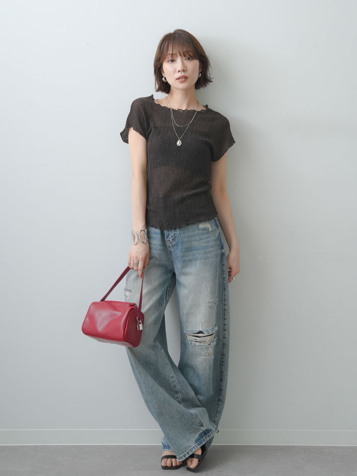[SET]シャーリングシアーバックオープンフレンチトップス+ダメージデニムセミワイドパンツ(2set)