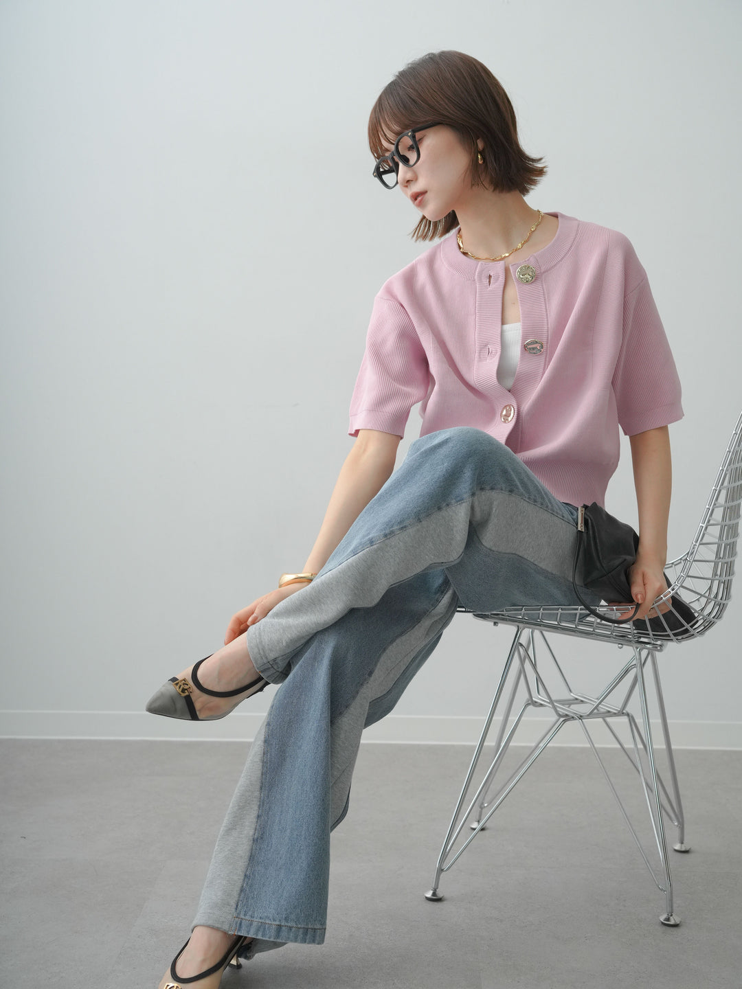 [SET]ゴールドボタンハーフニットカーディガン+選べるアクセセット(2set)
