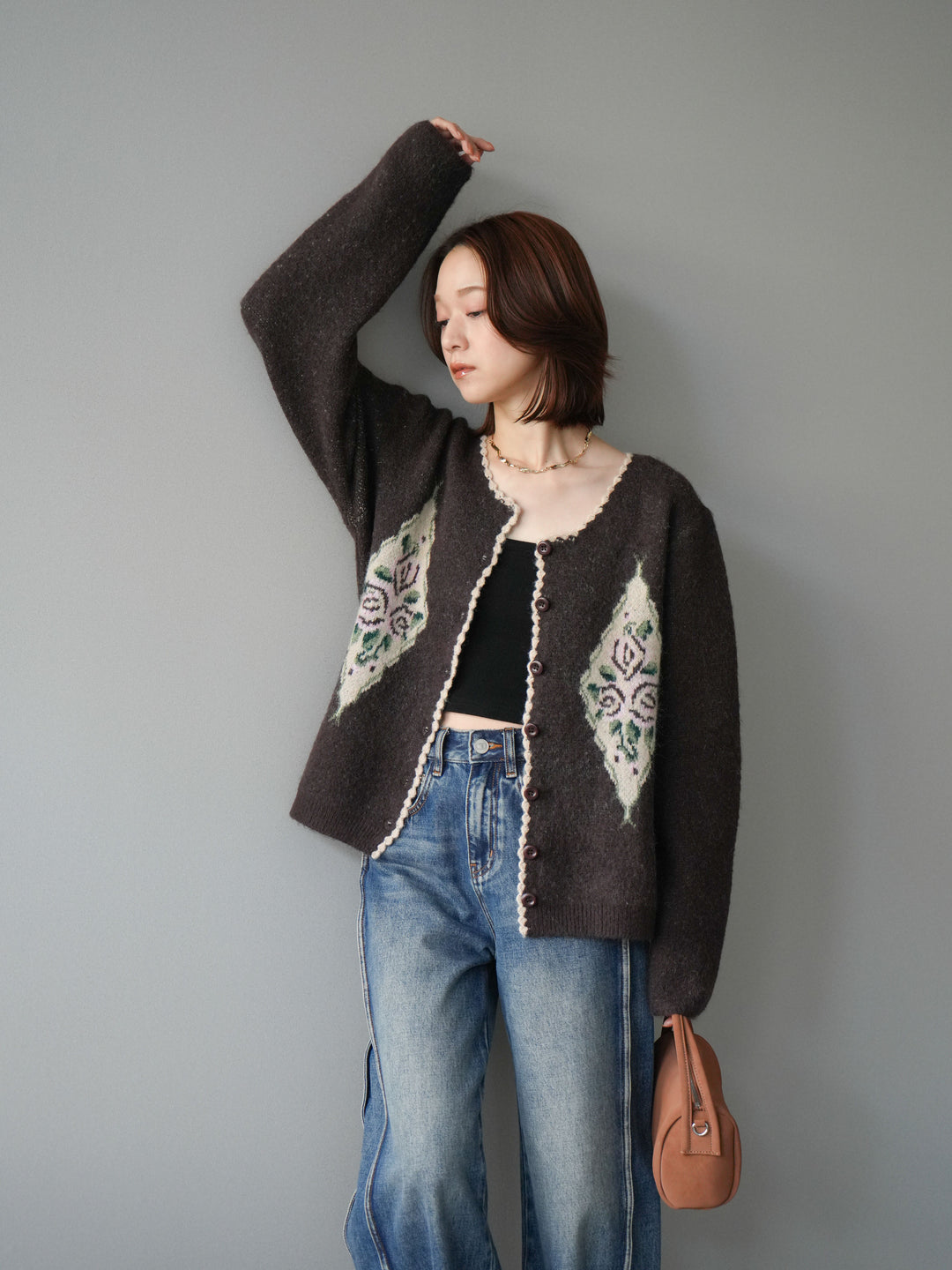 [予約]アンティークフラワージャガードニットカーディガン/brown