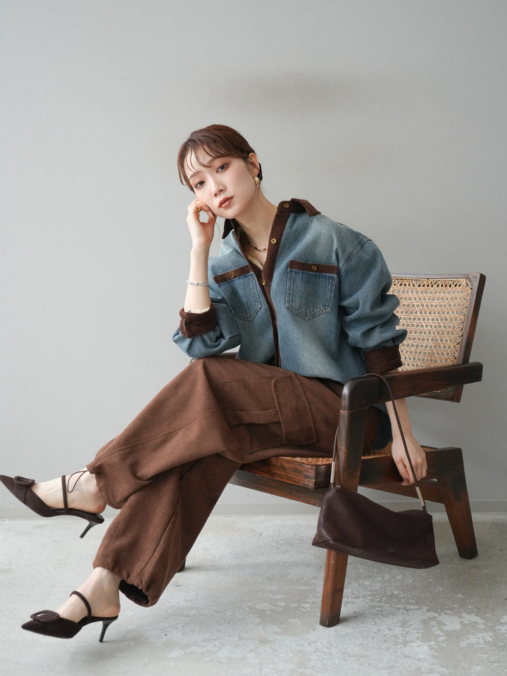 [予約]裏起毛コーデュロイ襟デニムシャツジャケット/ blue