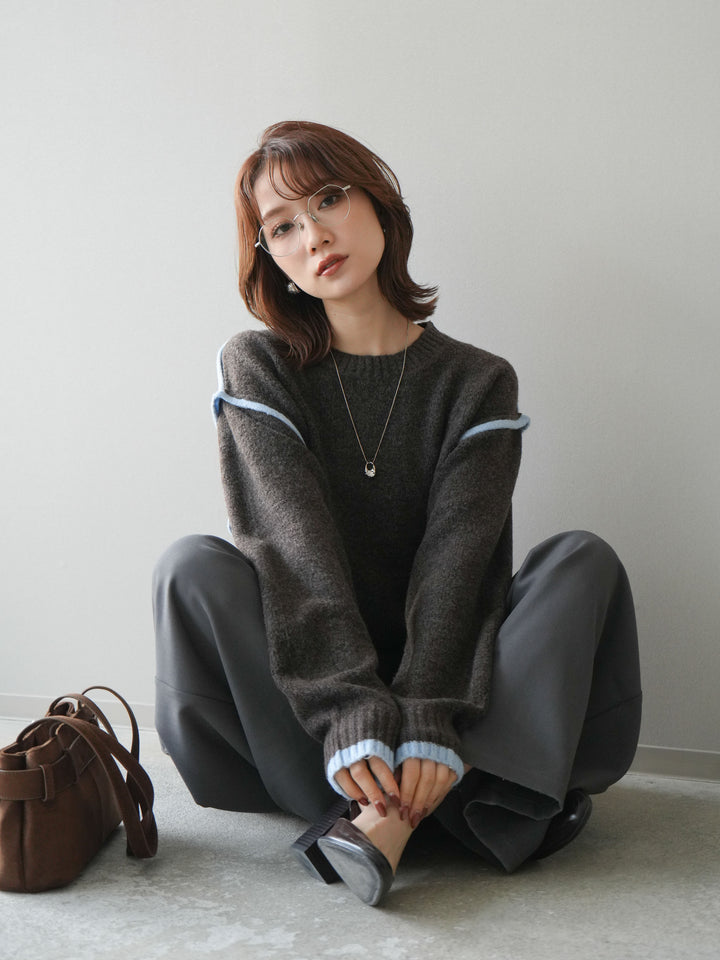 [予約]バイカラーパイピングニットプルオーバー/brown