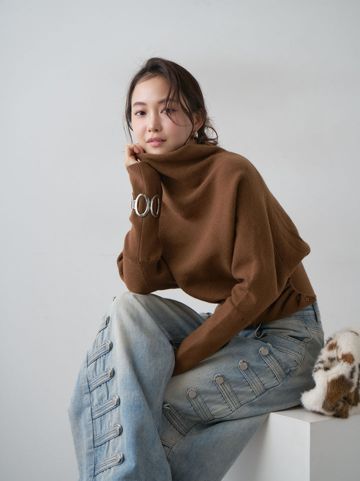 [SET]ハイネックサイドボタンギャザーニットトップス+ハイネックサイドボタンギャザーニットトップス(2set)