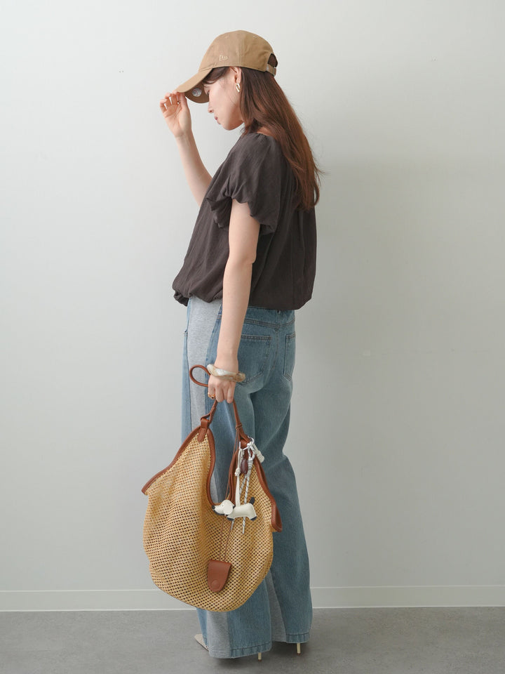 【套裝】金屬配件圍巾設計氣球上衣+牛仔拼接運動褲（兩件套裝）