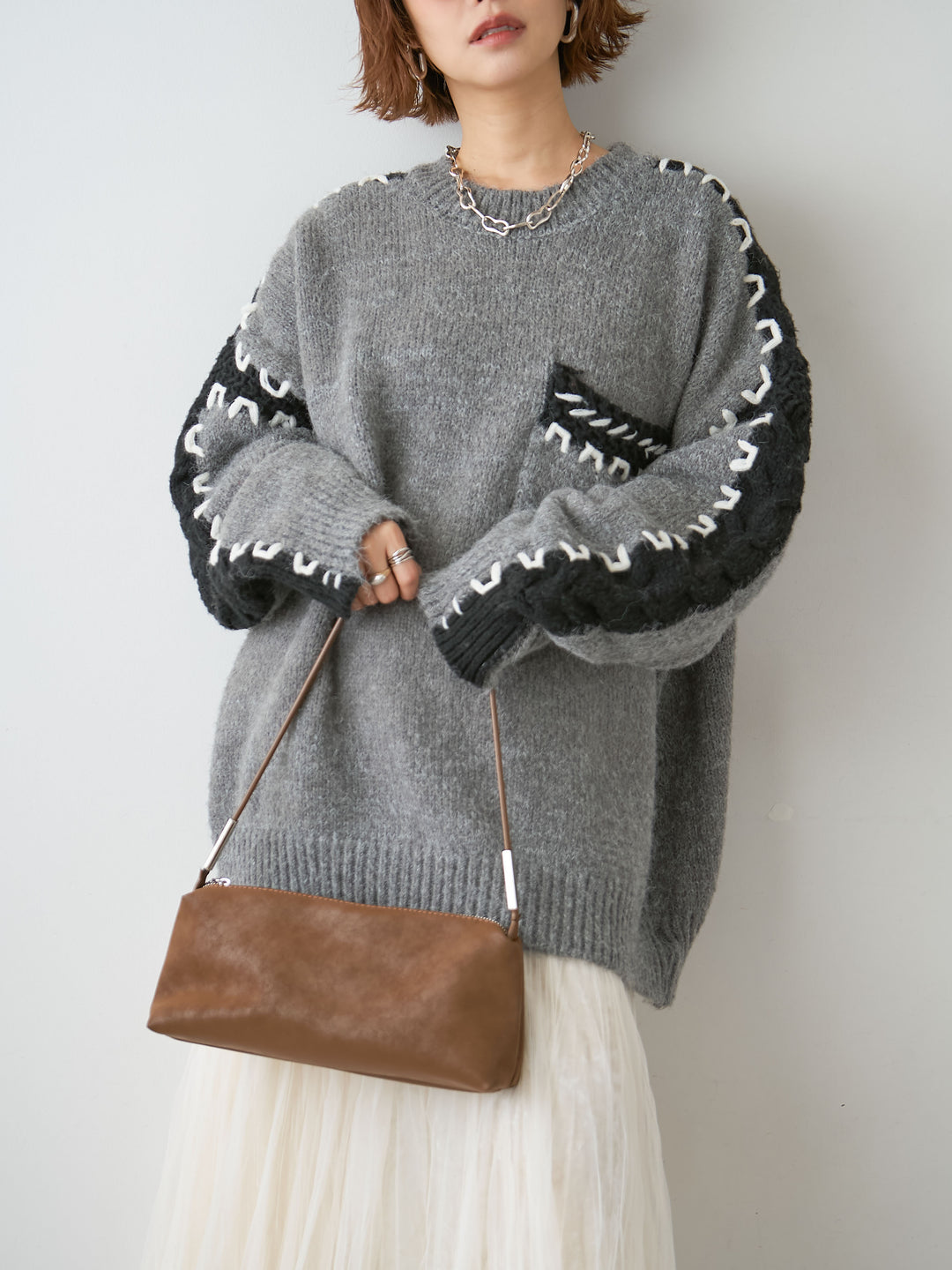 [予約]ハンドステッチデザインニットトップス/gray