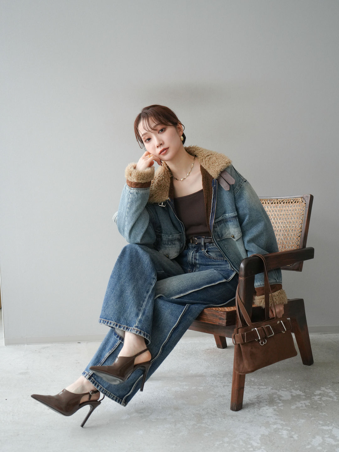 [予約]スタンドカラーファー×デニムジャケット/lightblue