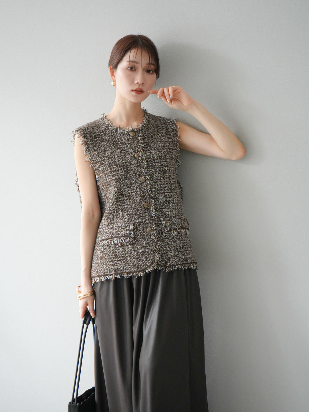 [予約]ミックスツイードフリンジニットベスト/ブラウン