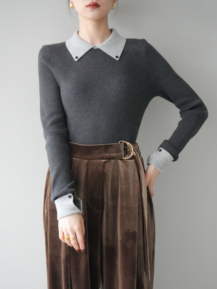 [予約]ニットカフス襟付き配色リブニットトップス/charcoal