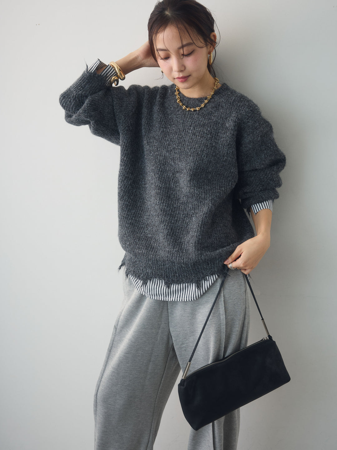 [予約]シャツレイヤードデザインモヘアプルオーバー/darkgray