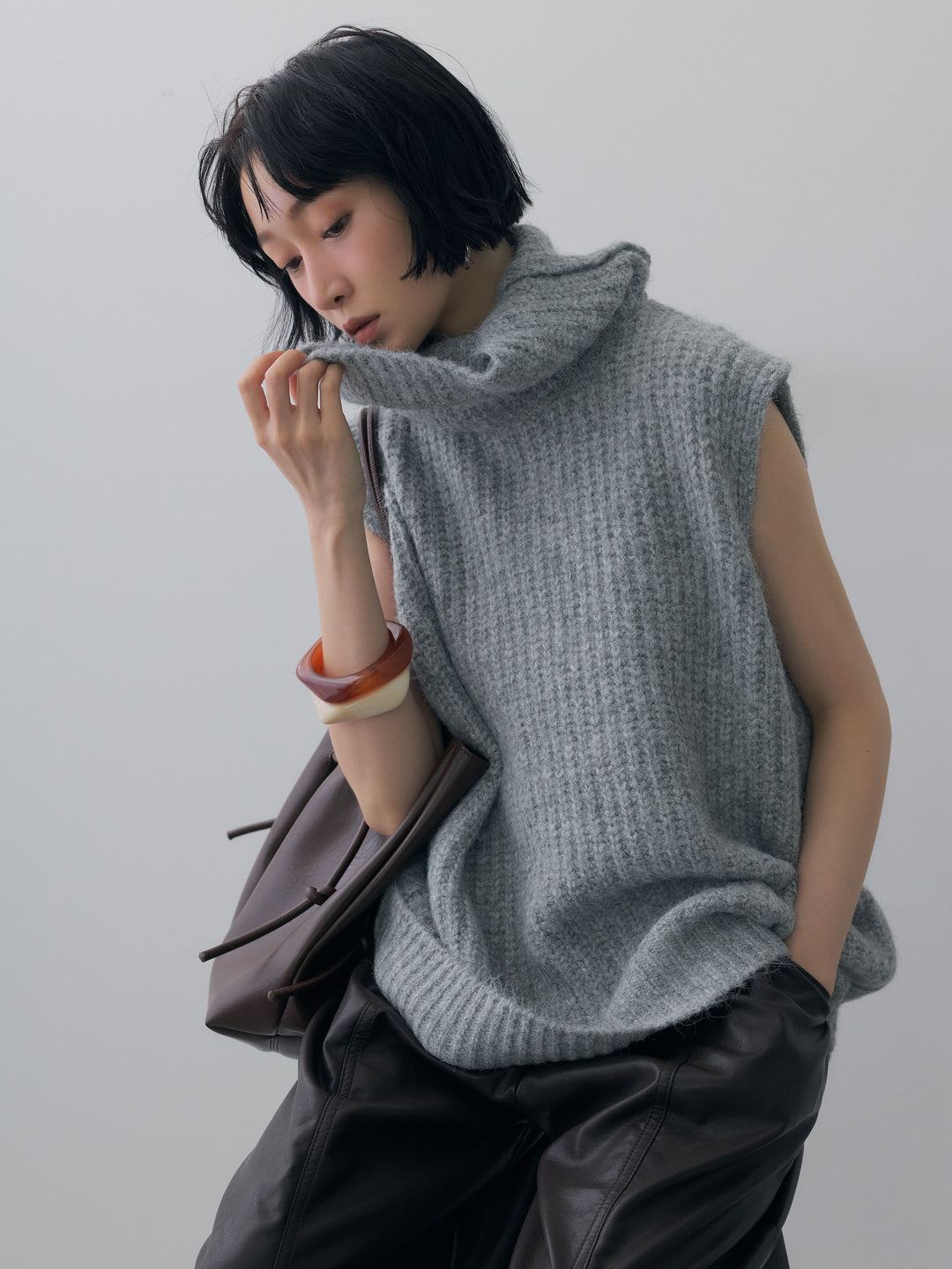 [予約]ハイネックシャギーオーバーニットベスト/gray