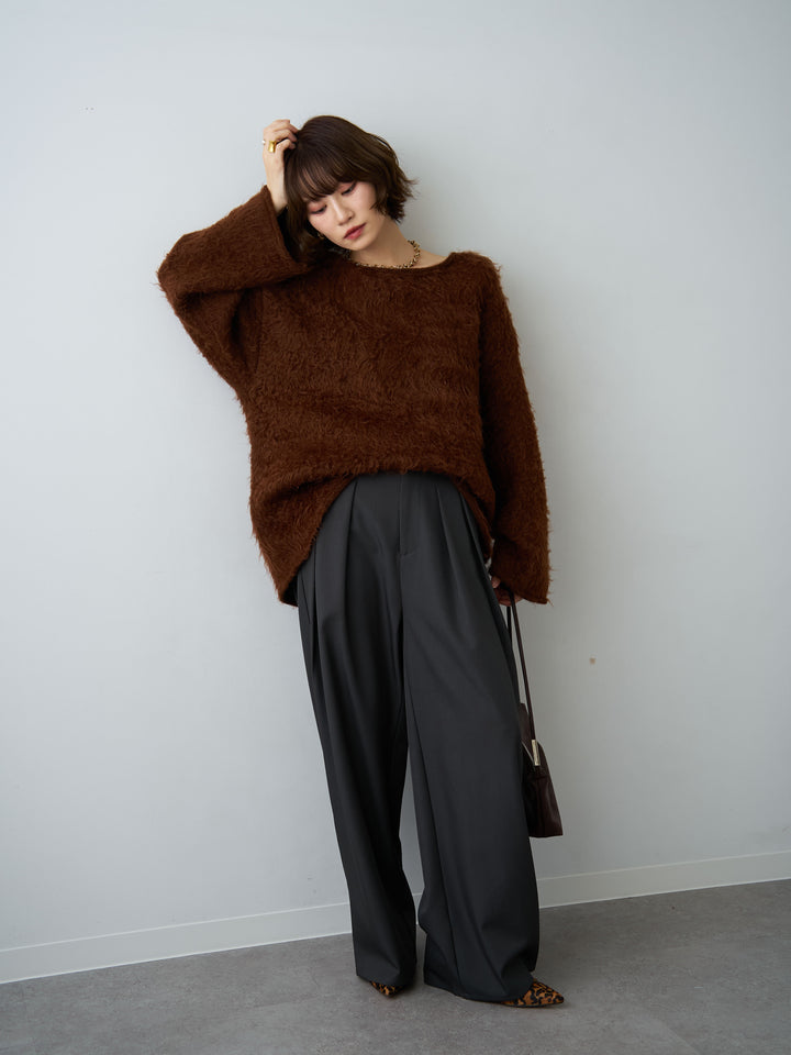 [SET]ボートネックシャギーオーバーニットトップス+ツイルタックワイドパンツ(2set)