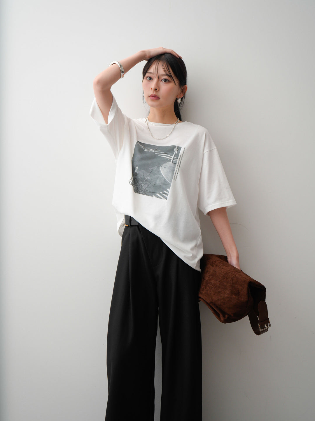 [SET]フォトプリントロゴTEE+アシンメトリーベルトタックワイドパンツ(2set)