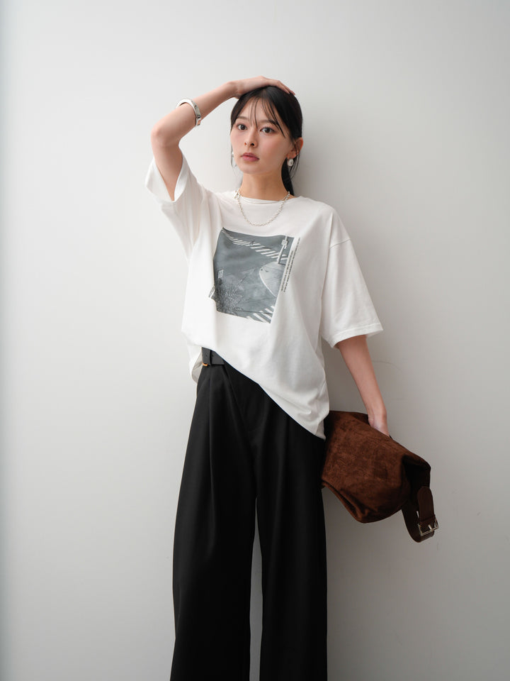 [SET]フォトプリントロゴTEE+アシンメトリーベルトタックワイドパンツ(2set)