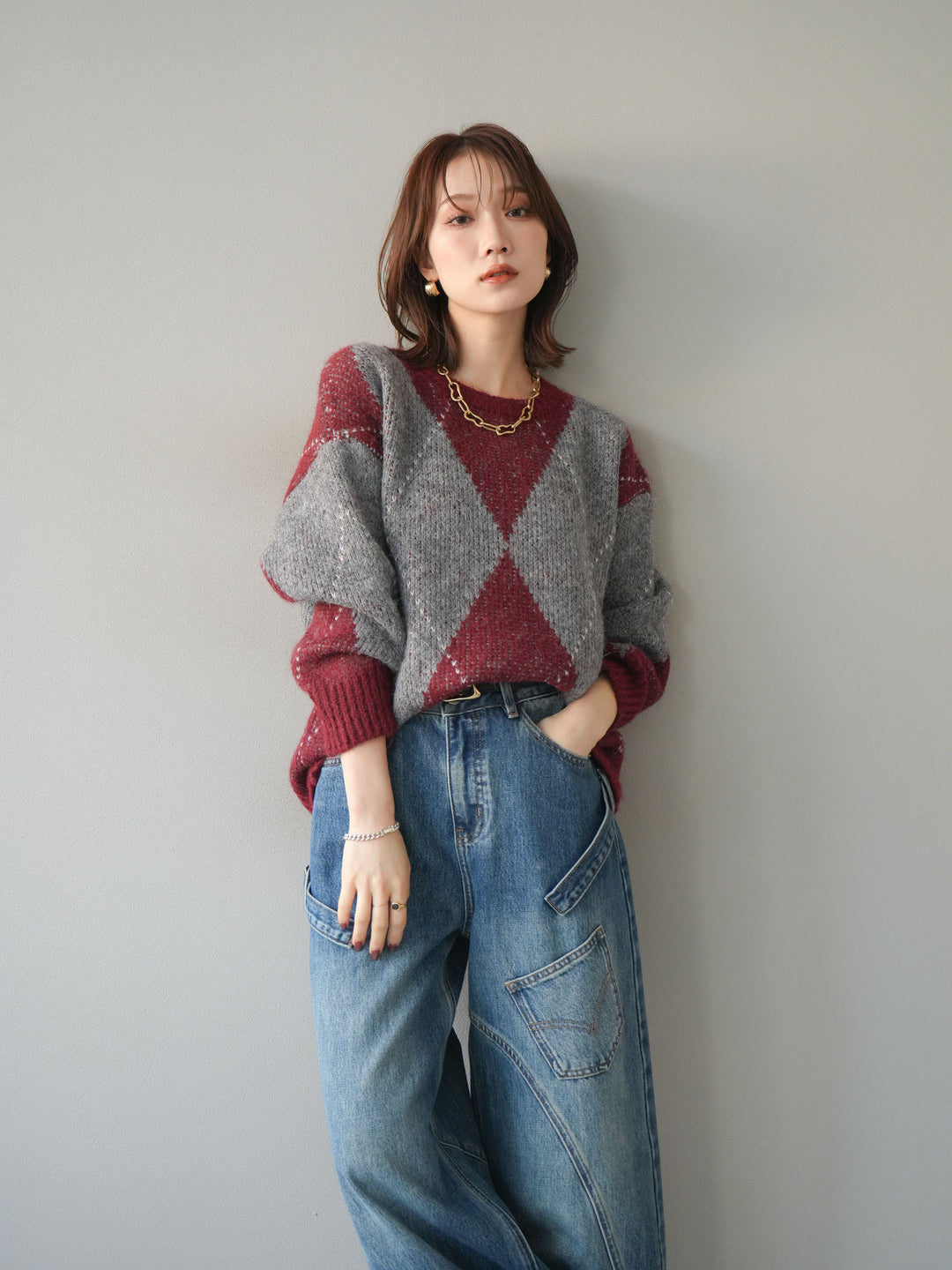 [予約]アーガイルオーバーニットプルオーバー/bordeaux