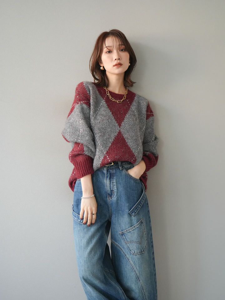 [予約]アーガイルオーバーニットプルオーバー/bordeaux