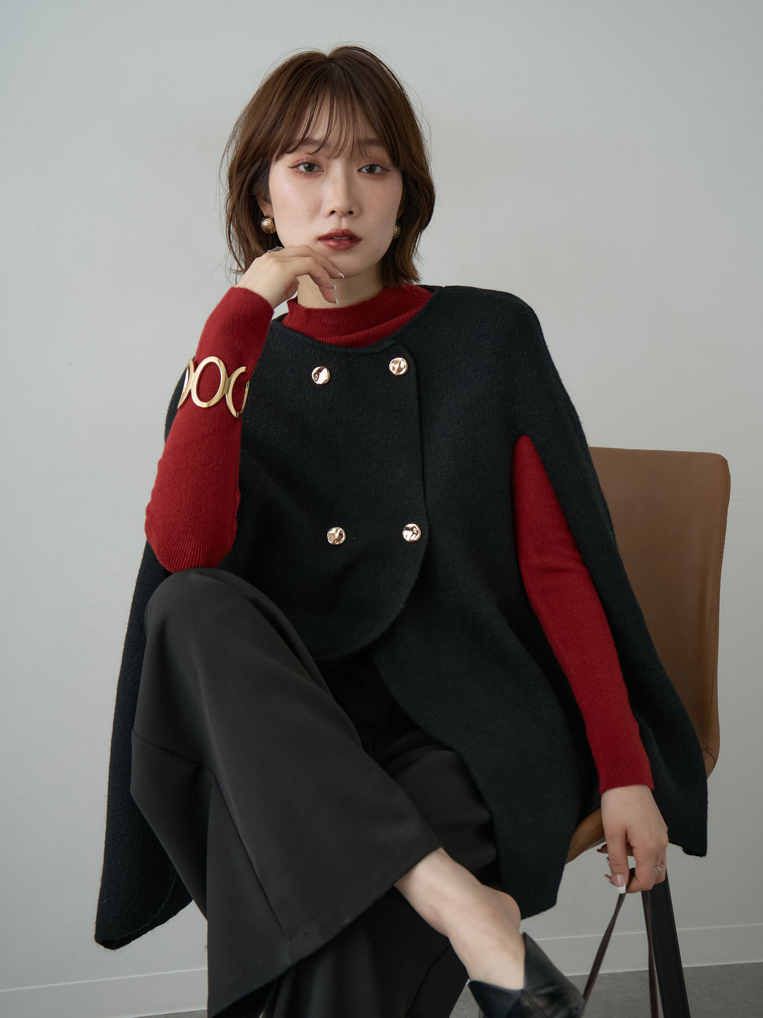 [SET]ゴールドボタンニットケープコート+選べるアクセセット(2set)