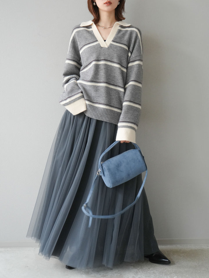 [SET]ポロ襟スキッパーボーダーニットプルオーバー+チュールボリュームスカート(2set)