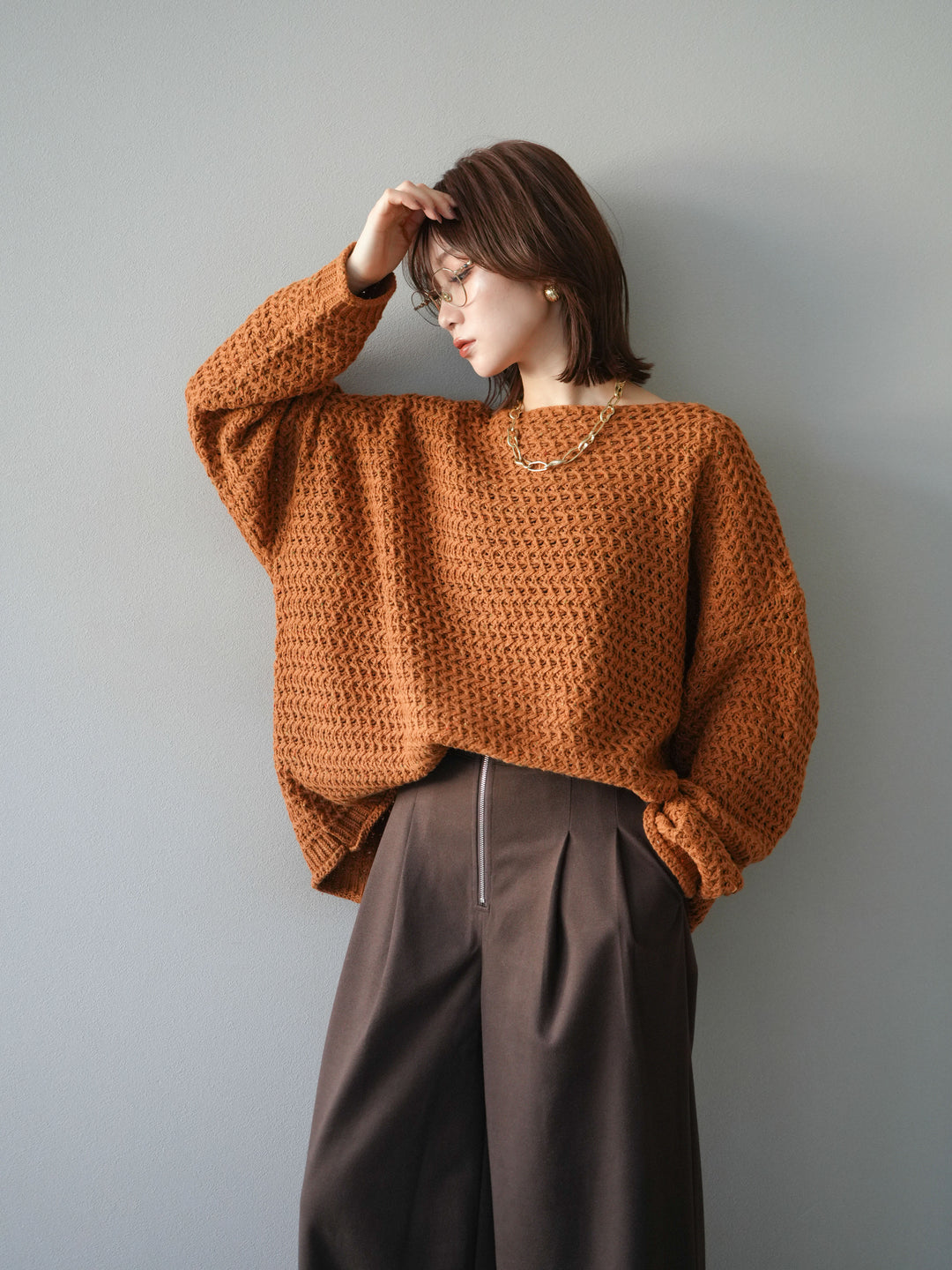 [予約]ネップ透かし編みオーバーニット/camel