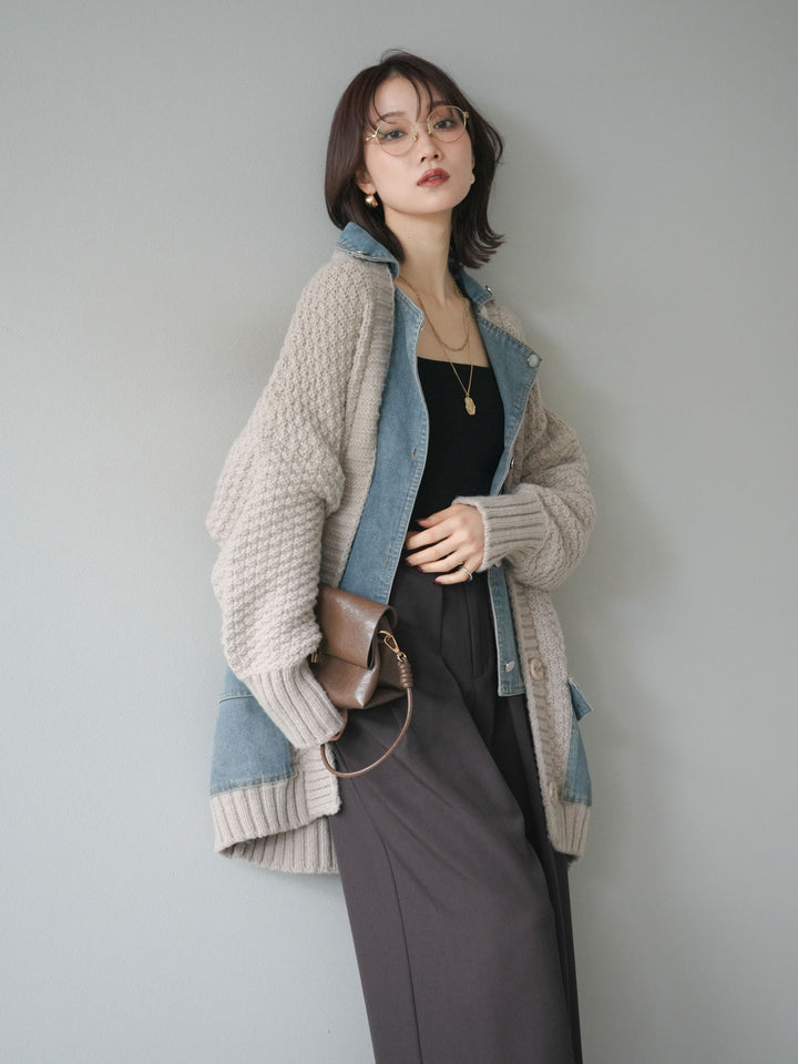 [SET]デニム襟レイヤードニットジャケット+デニム襟レイヤードニットジャケット(2set)