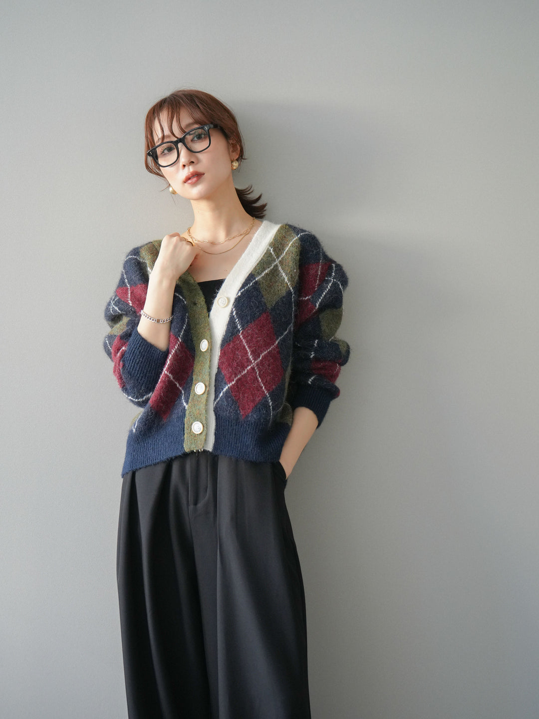 [予約]配色アーガイル柄ニットカーディガン/green
