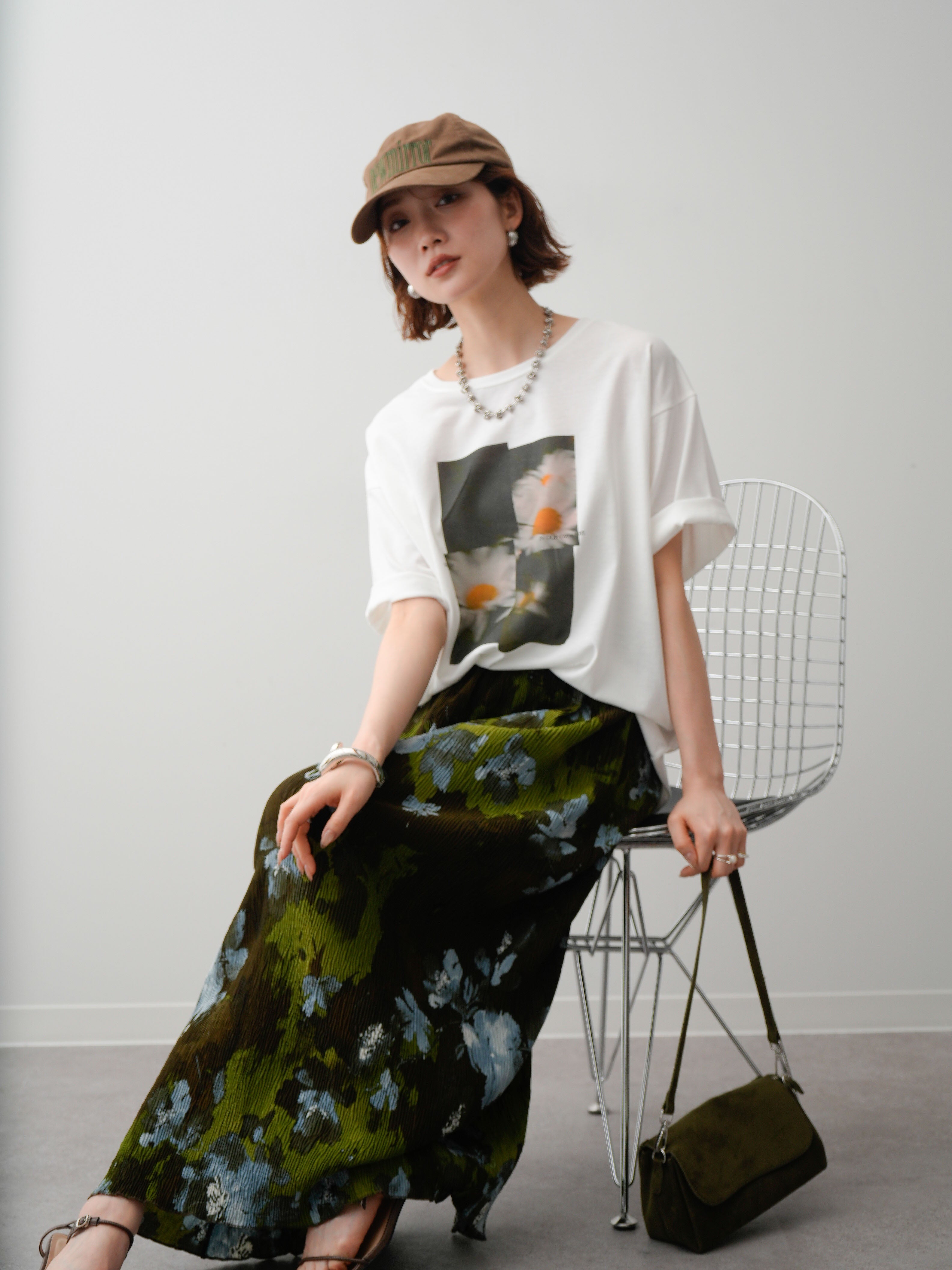 SET]フラワーフォトTEE+フラワープリントIラインギャザースカート(2set