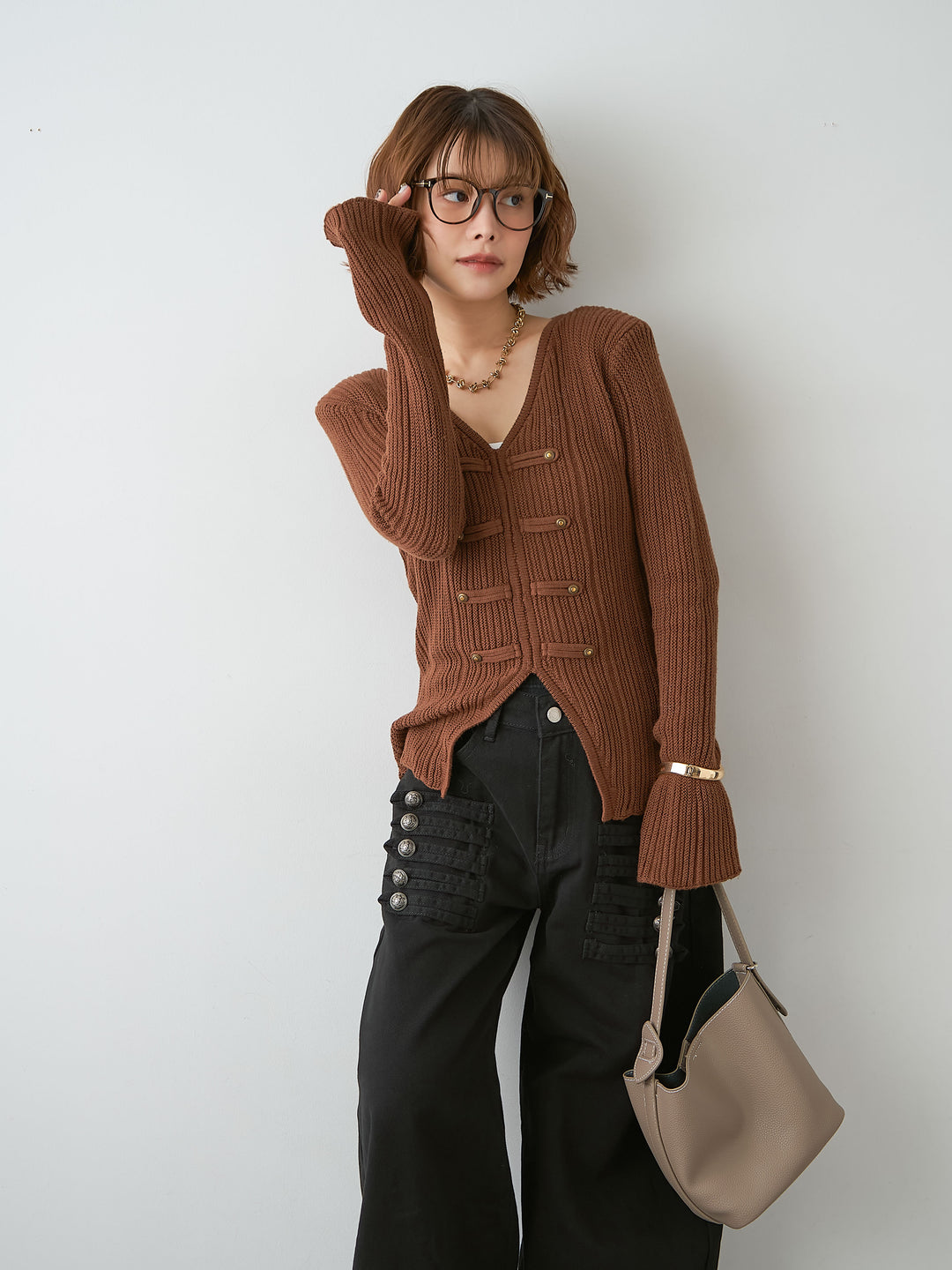 [予約]ナポレオンVネックリブニットトップス/brown