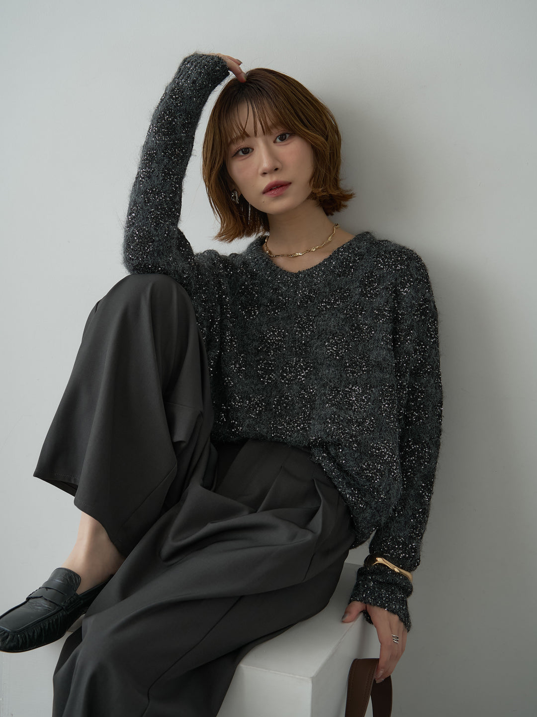 [予約]レオパードスパンコールニットトップス/gray