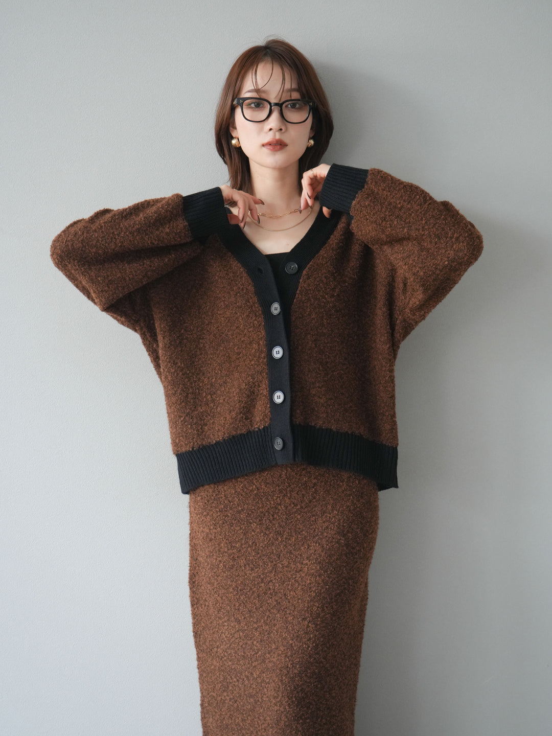 [SET]ブークレバイカラーニットカーディガン+ブークレバイカラータイトニットスカート(2set)