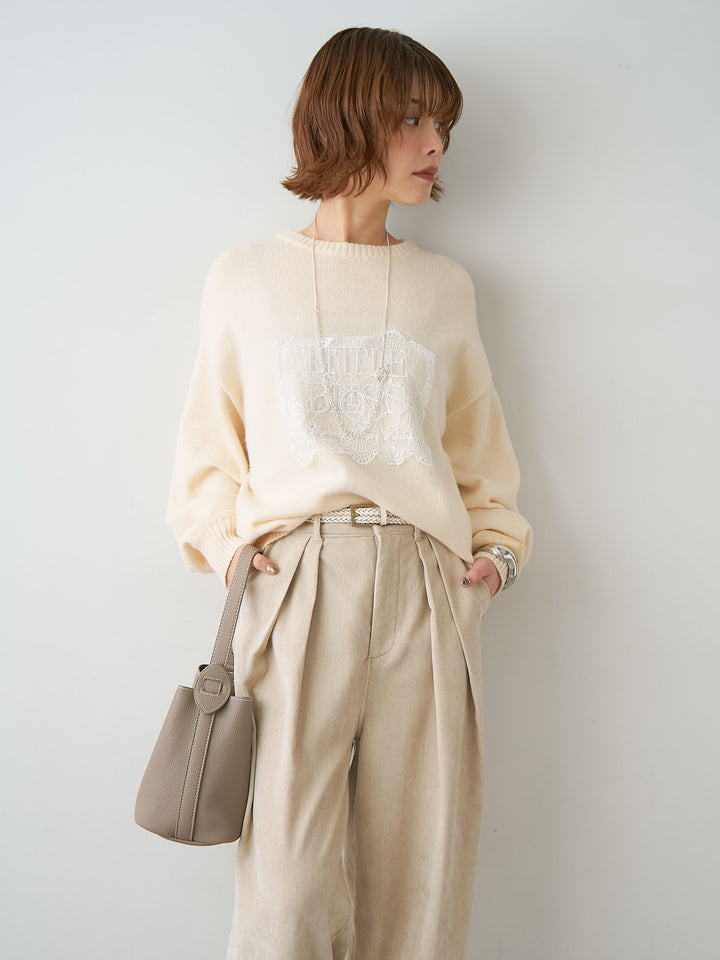 [予約]アルパカタッチ刺繍レースロゴニットプルオーバー/ivory