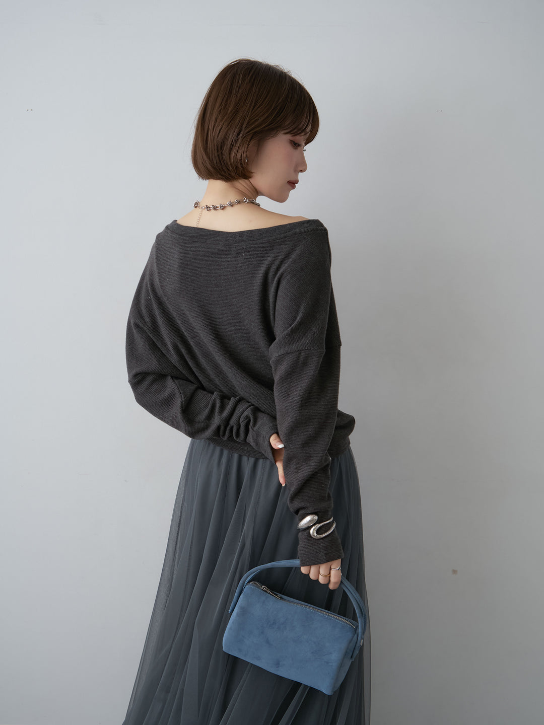 [予約]ナポレオンサイドギャザーワイドネックトップス/gray