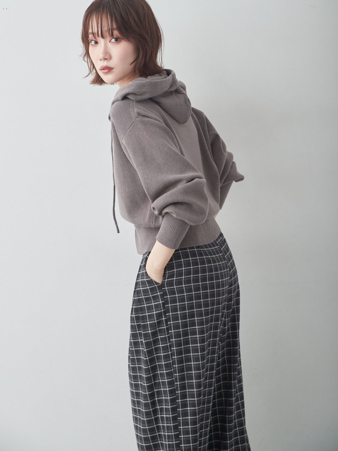 【套裝】蓬鬆袖連帽針織開襟衫 + 蓬鬆袖連帽針織開襟衫（兩件套）
