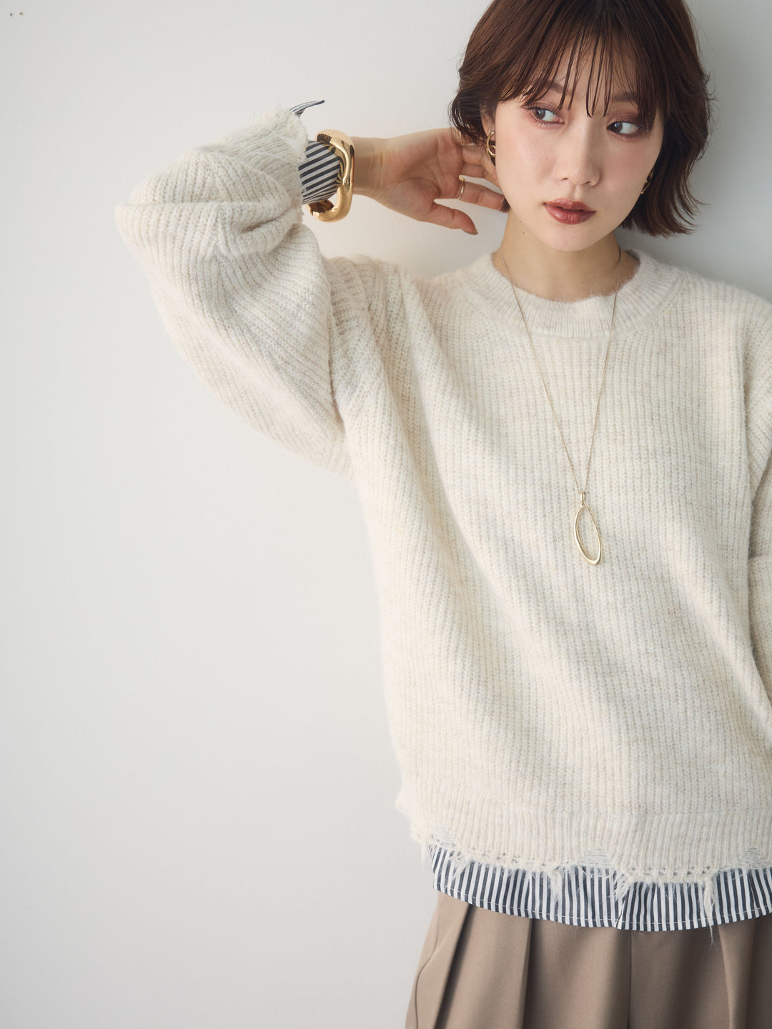 [SET]シャツレイヤードデザインモヘアプルオーバー+選べるアクセセット(2set)