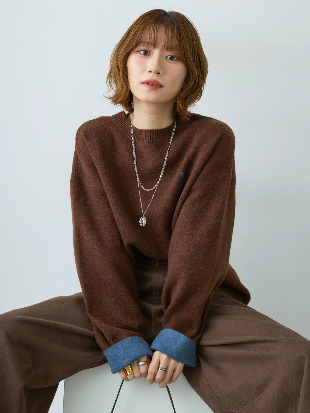 [予約]アルパカタッチバイカラーニットトップス/brown