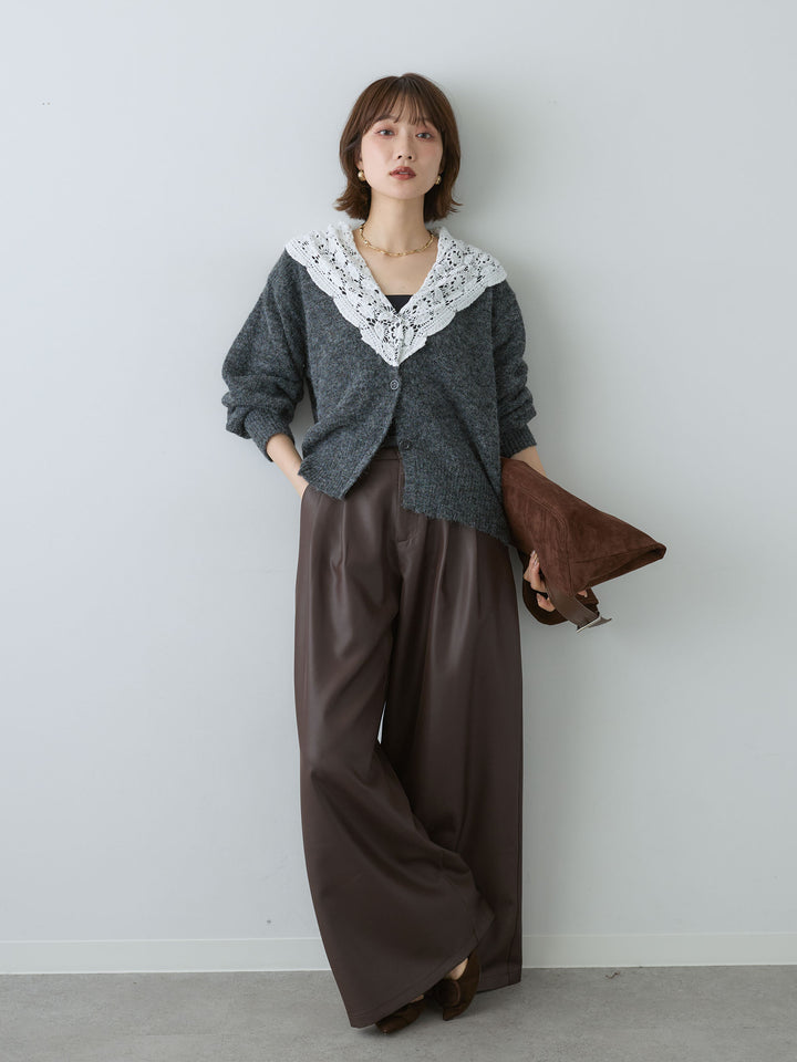 [SET]モヘアレースショールカラーカーディガン+サテンタックワイドパンツ(2set)