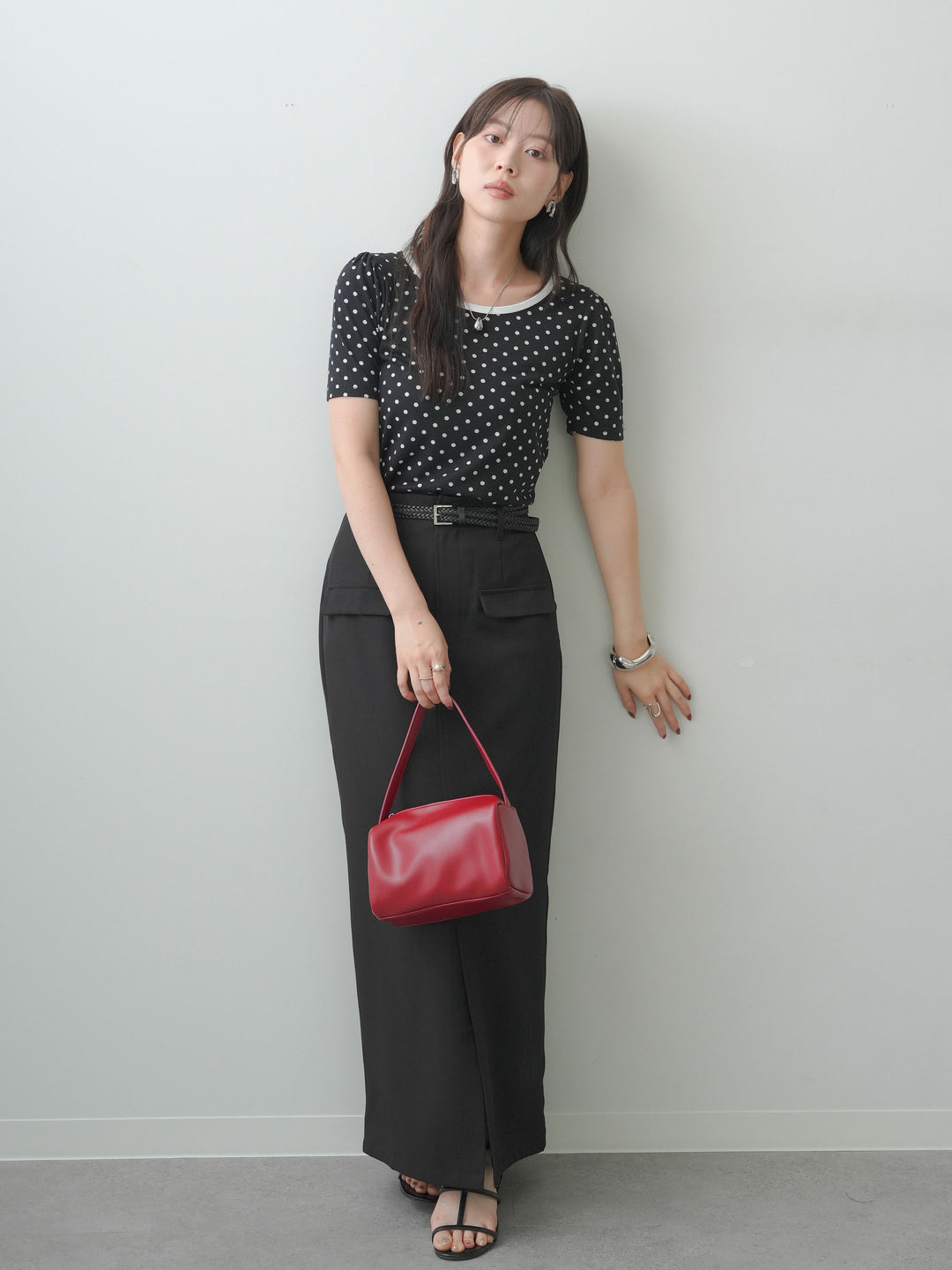 [SET]前後2wayドットバイカラーパイピングTEE+クレープデシンフラップ付きストレートスカート(2set)
