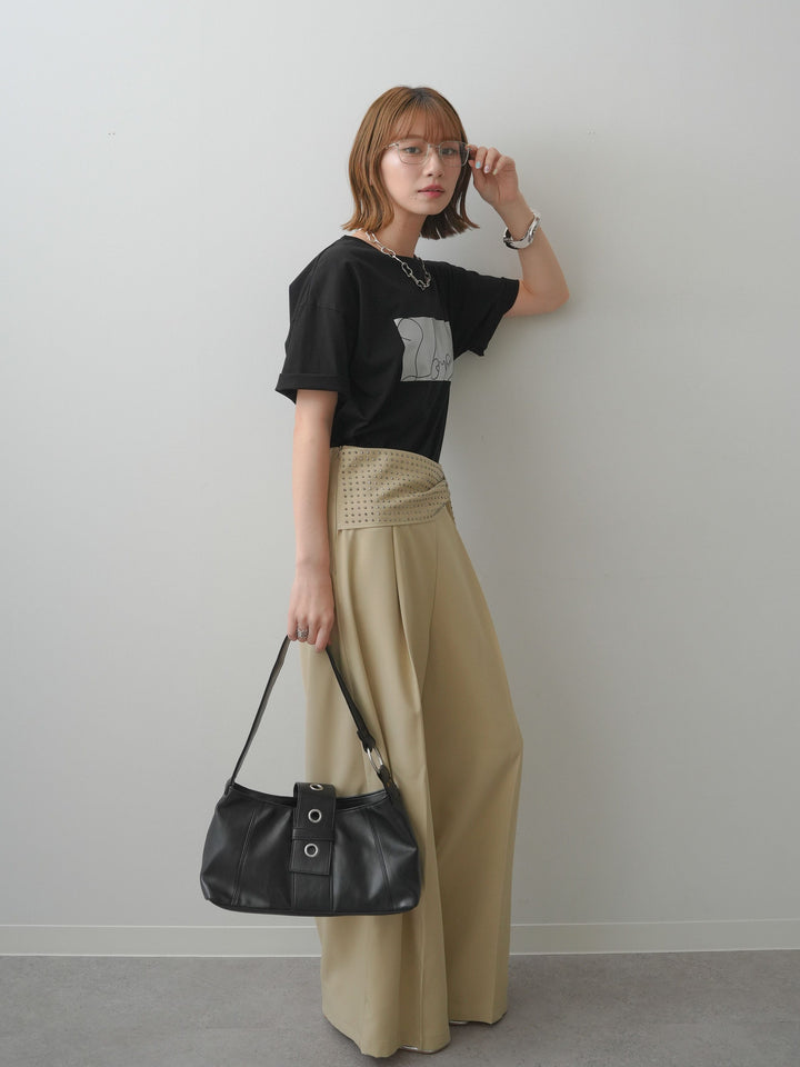 [SET]箔プリントボックスTEE+ビジューベルトタックワイドパンツ(2set)