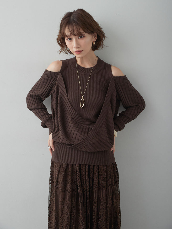 [SET]ショルダーオープンリブデザインニットトップス+ベロアレースドレープフレアスカート(2set)